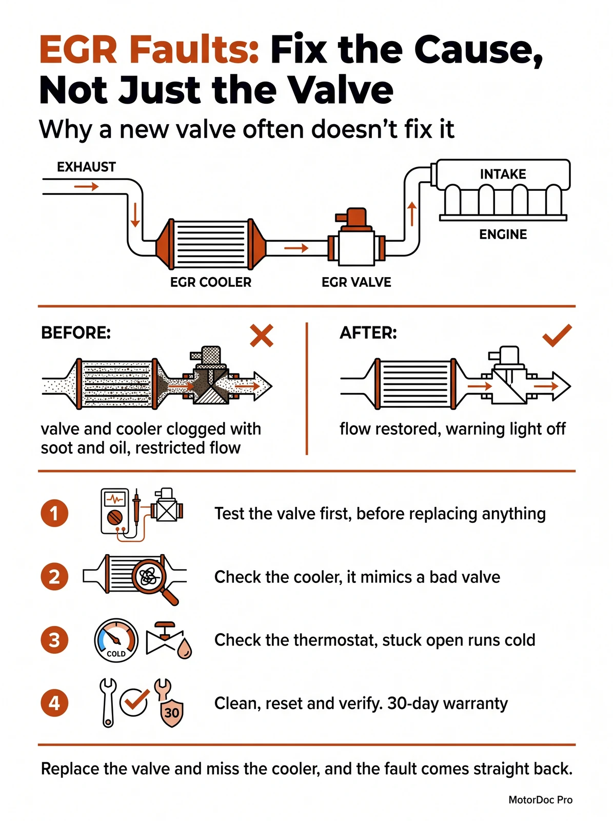 Infographic: EGR faults, fix the cause not just the valve. A fouled EGR cooler or a thermostat stuck open can mimic a failed valve