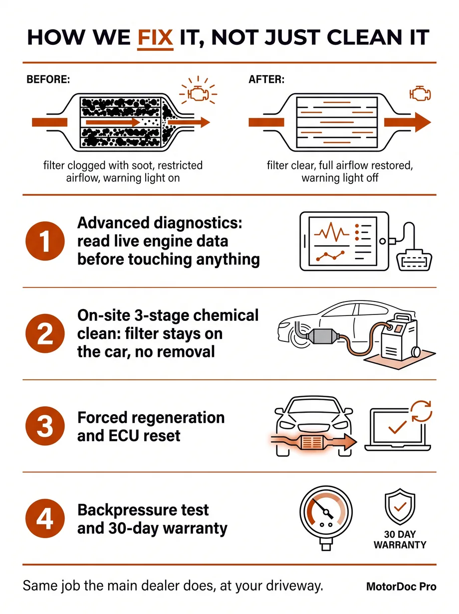 Infographic: how MotorDoc Pro fixes a blocked DPF, from diagnostics to the on-site chemical clean, forced regeneration and a final backpressure test