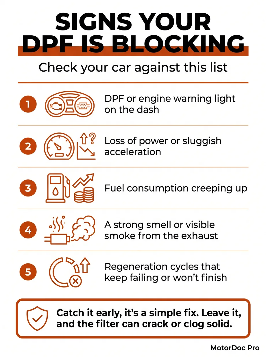 Infographic: the signs a DPF is blocking up, including a dashboard warning light, loss of power, rising fuel consumption, exhaust smoke and failed regeneration cycles