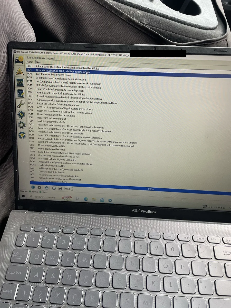 Diagnostic software identifying a 2019 Ford Transit Connect 1.5 diesel during a Stevenage DPF service