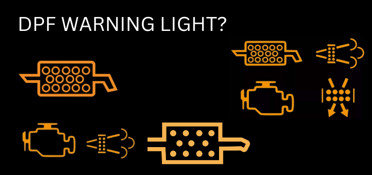 Various DPF warning lights displayed on a car dashboard, indicating diesel particulate filter issues.