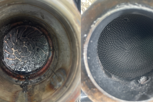 Comparison of a blocked and cleaned DPF filter, showing the difference in exhaust flow and filter condition.